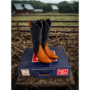 Tony Lama L0878 Women’s Ostrich Cowboy Boots Black/Peanut Sz 5.5M w/ Box Vintage